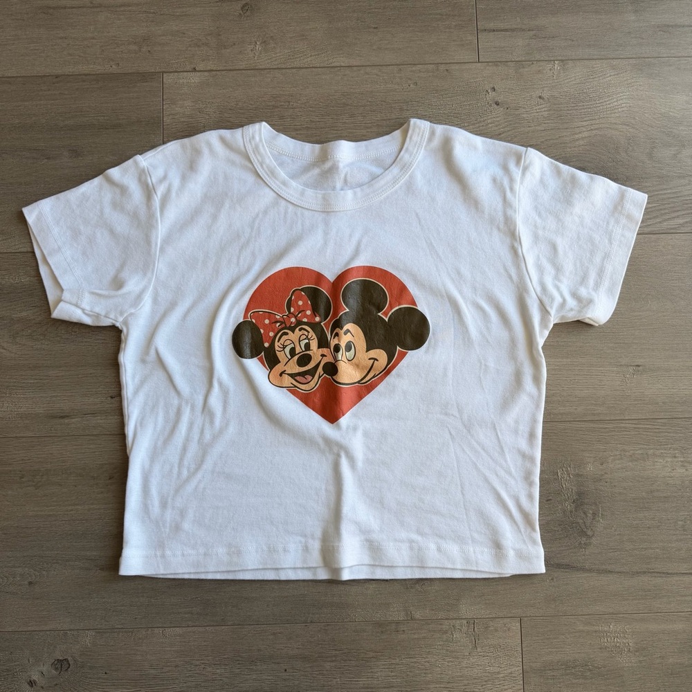 Disney White Crop Top with Red Heart & Mickey & Minnie Graphic